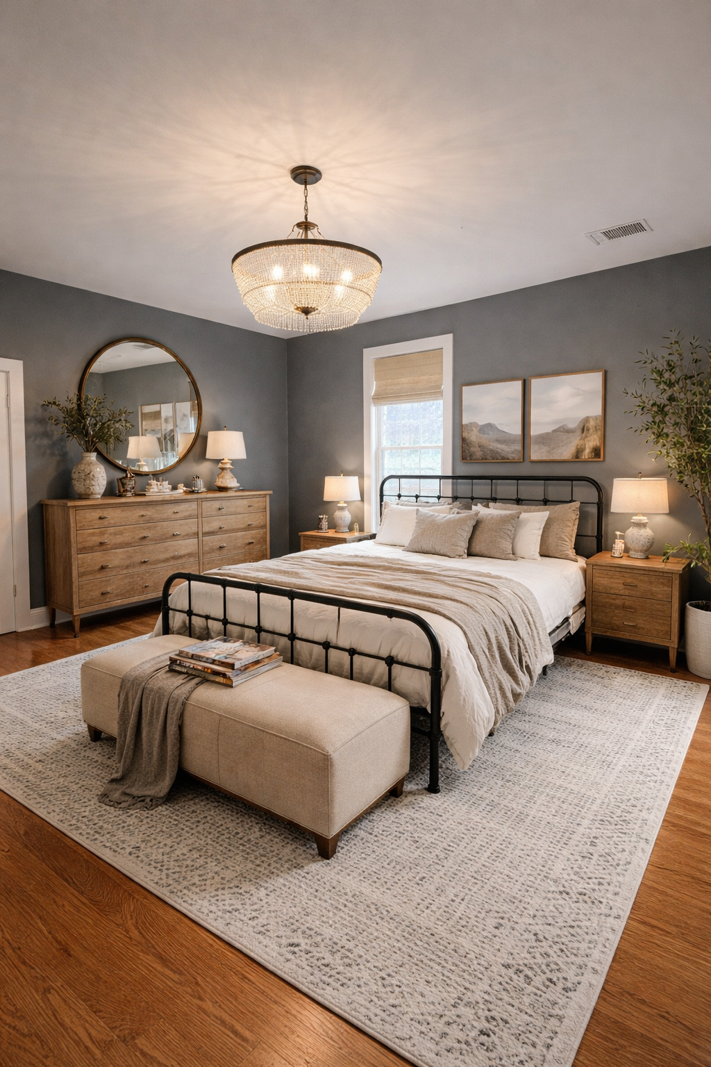 A cozy bedroom with a black metal bed, beige blankets, and multiple pillows. There are two wooden nightstands with lamps and a wooden dresser with a round mirror. The room has gray walls, wooden flooring, and a large rug. Two artwork pieces hang abov