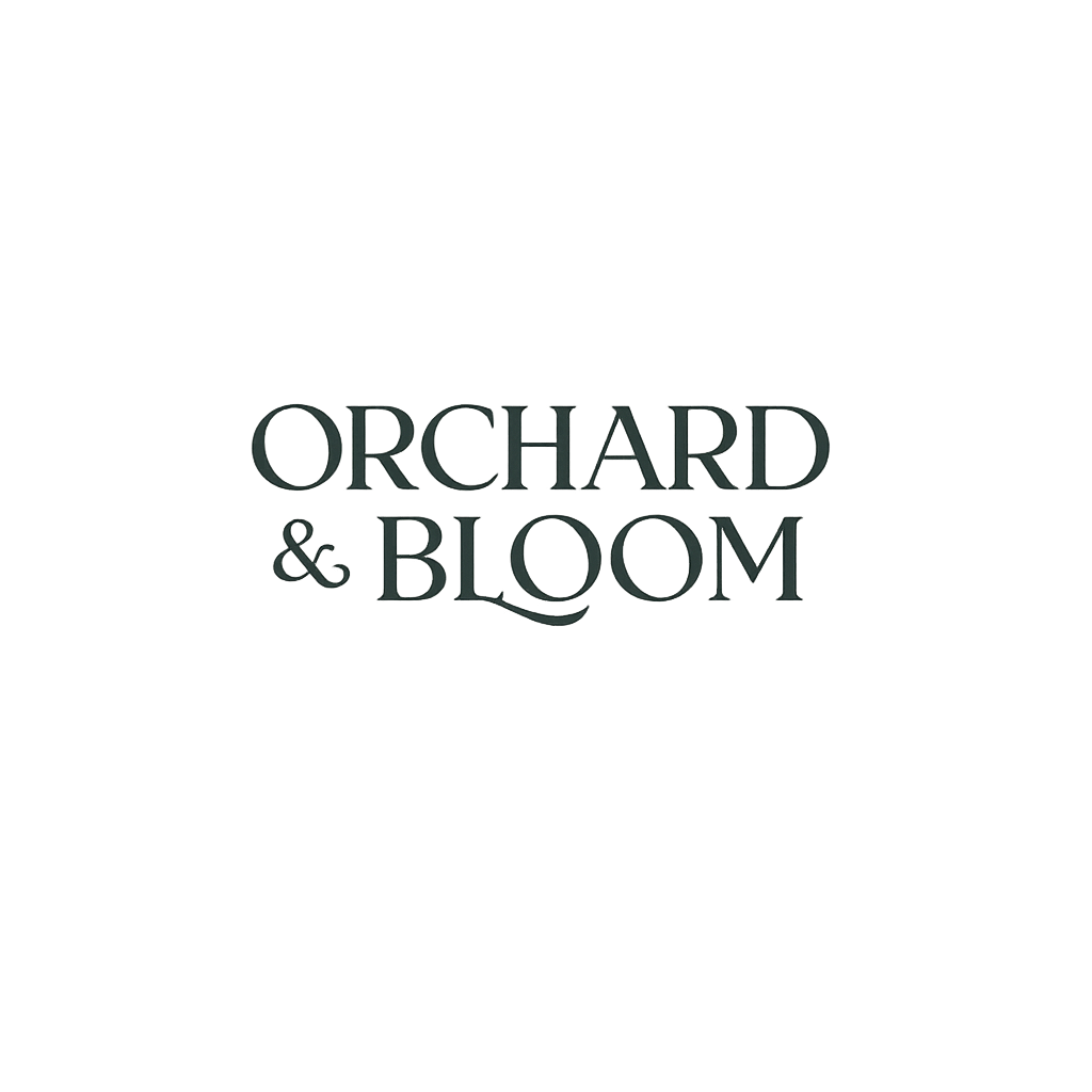 Logo for Orchard & Bloom with stylized apple and flowers.
