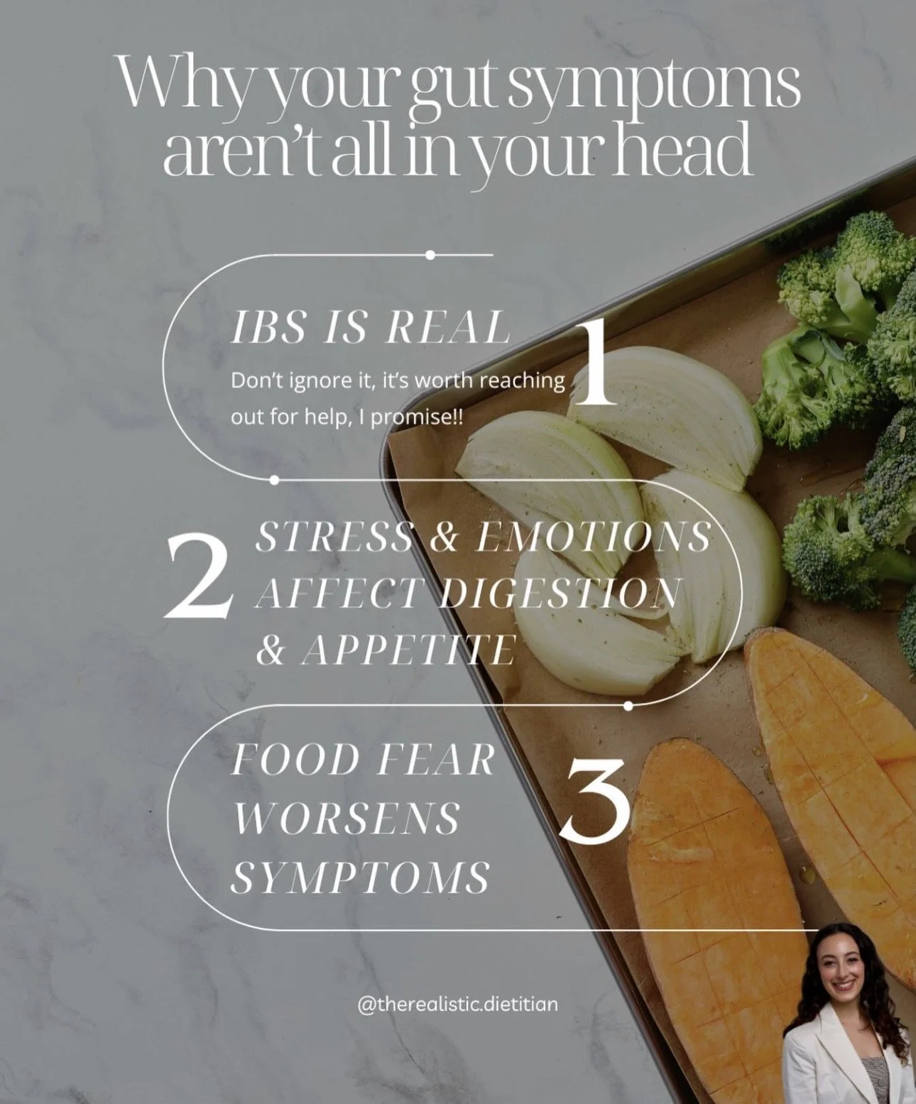 Infographic explaining that gut symptoms can be caused by psychological factors such as stress, emotions, food fear, and symptoms, with a background of fresh vegetables and a woman's photo in the bottom right corner.