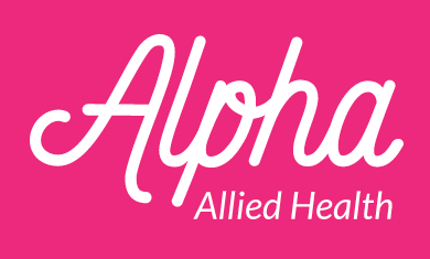 Pink background with the word 'Alpha' in white cursive font and 'Allied Health' in smaller print underneath.