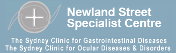 Sign for Newland Street Specialist Centre, part of The Sydney Clinic for Gastrointestinal Diseases and The Sydney Clinic for Ocular Diseases & Disorders.