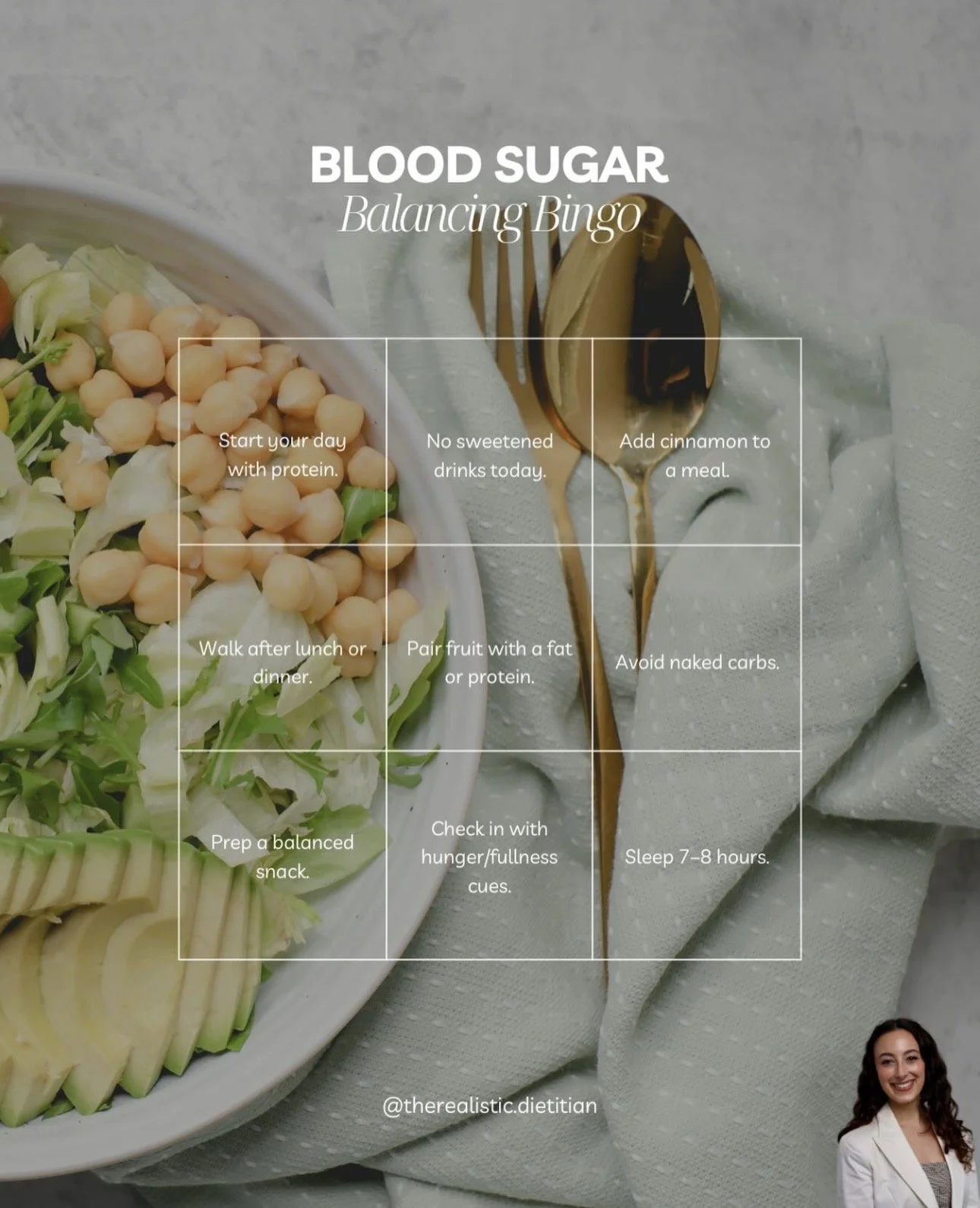 A bowl of fresh vegetables including sliced cucumber, chickpeas, and greens, with a gold spoon and a white napkin on a gray surface. Overlay text provides tips for managing blood sugar levels.