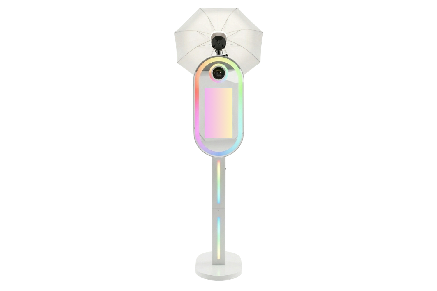 A sleek modern photo booth with rainbow LED accents, featuring a mirror frame.