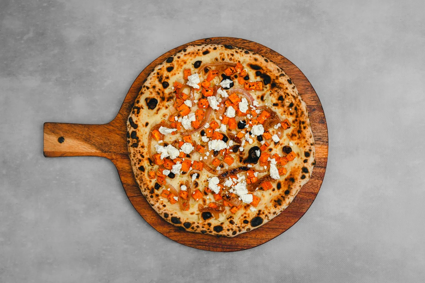 Pumpkin 
- Roast Pumpkin, Caramelised Onion, Rosemary, Fetta Cheese, Herb Oil (in Bianco / Oil Based) 