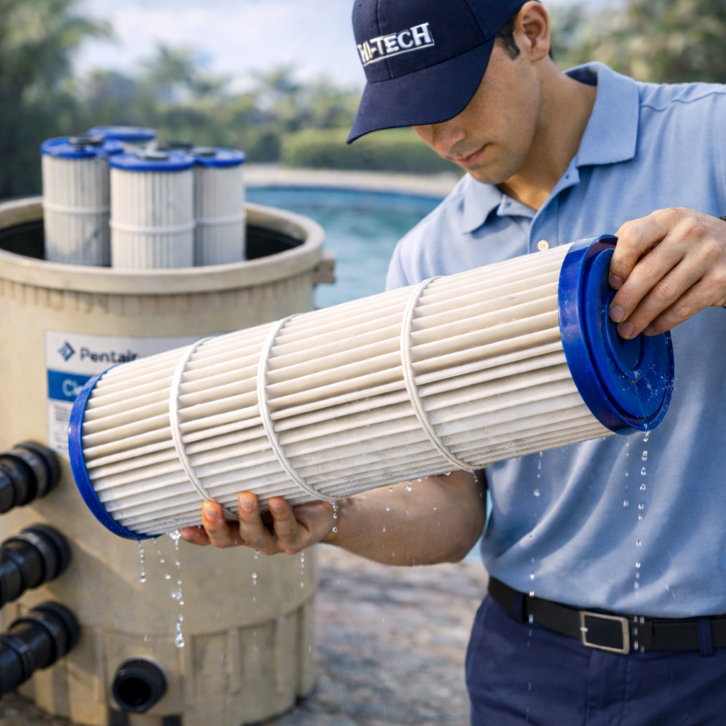 A man in a blue polo shirt and a navy cap labeled 'HI-TECH' is inspecting and handling a cylindrical pool filter cartridge outdoors, with a second similar filter and a large filtration tank in the background.