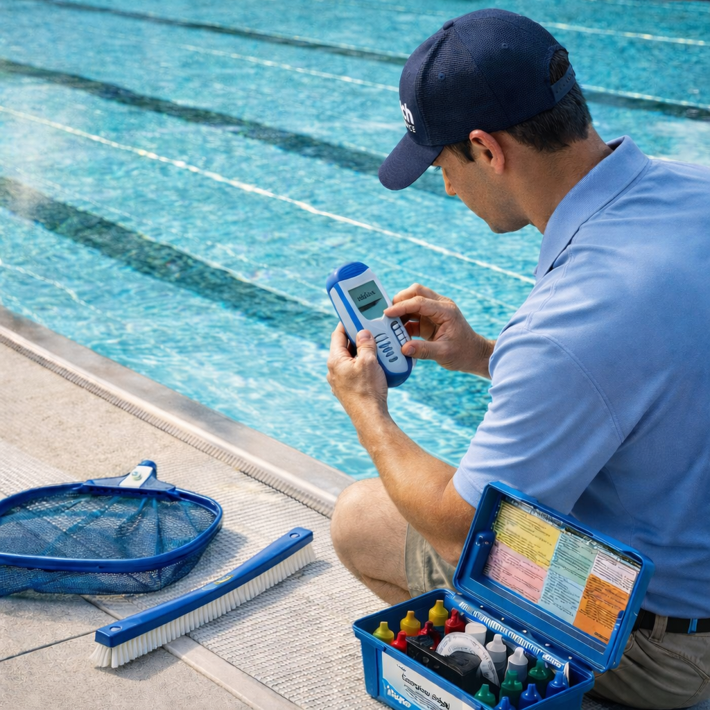 A man sitting by the edge of a swimming pool holding a pool testing device, with pool maintenance supplies nearby.