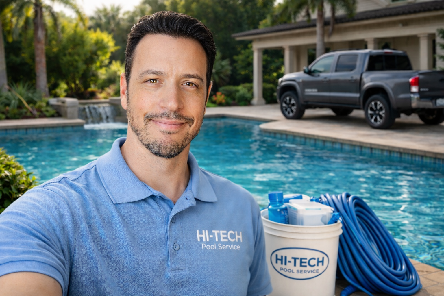 A pool service worker taking a selfie in a backyard pool area. The man is wearing a blue polo shirt with the logo 'HI-TECH Pool Service.' Behind him are swimming pool maintenance supplies, a coiled hose, and a bucket with additional supplies. In the background, there is a swimming pool, a fountain, trees, and a house with a porch and a parked pickup truck.