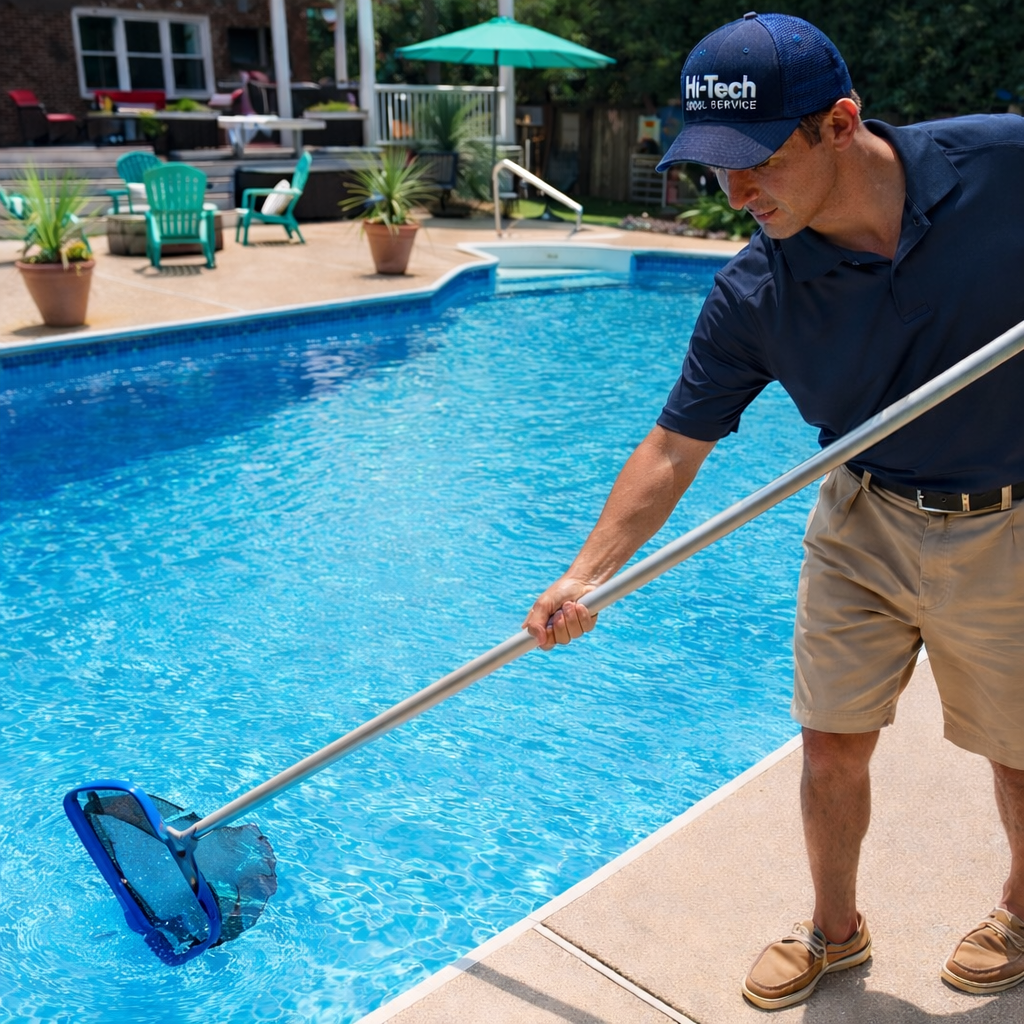 A man in a navy blue shirt, khaki shorts, and a blue cap is cleaning a swimming pool with a pool net on a pole. The pool area has outdoor furniture, potted plants, and a large green umbrella.