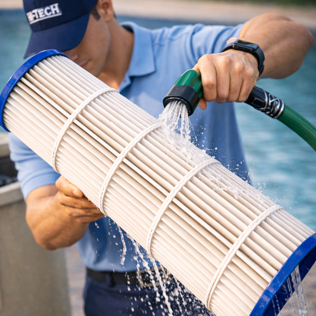 A man wearing a blue cap and shirt is cleaning a cylindrical water filter with a hose outdoors near water.