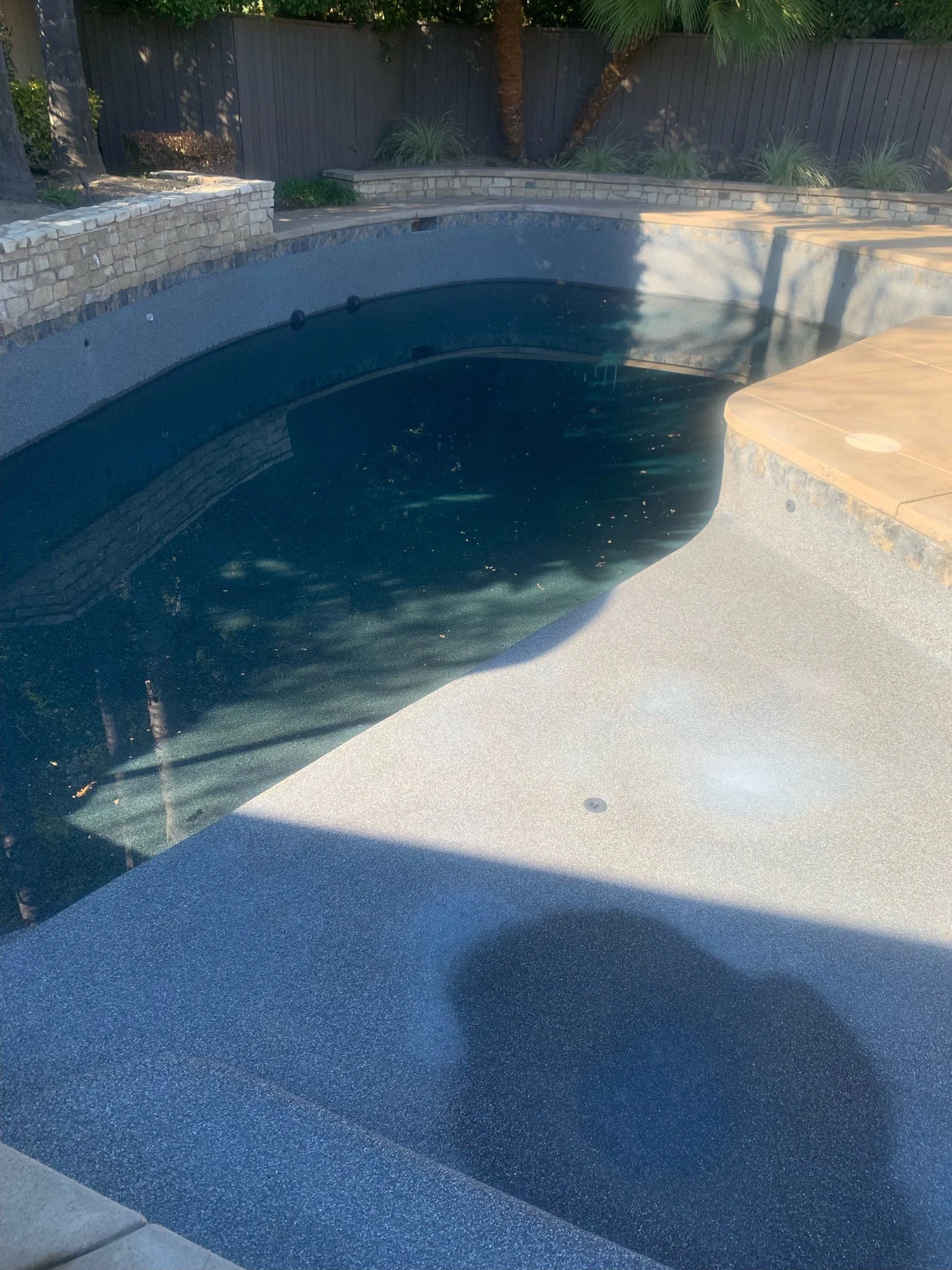Empty backyard swimming pool with blue inner lining, surrounded by a stone and concrete deck, with a wooden fence and trees in the background.