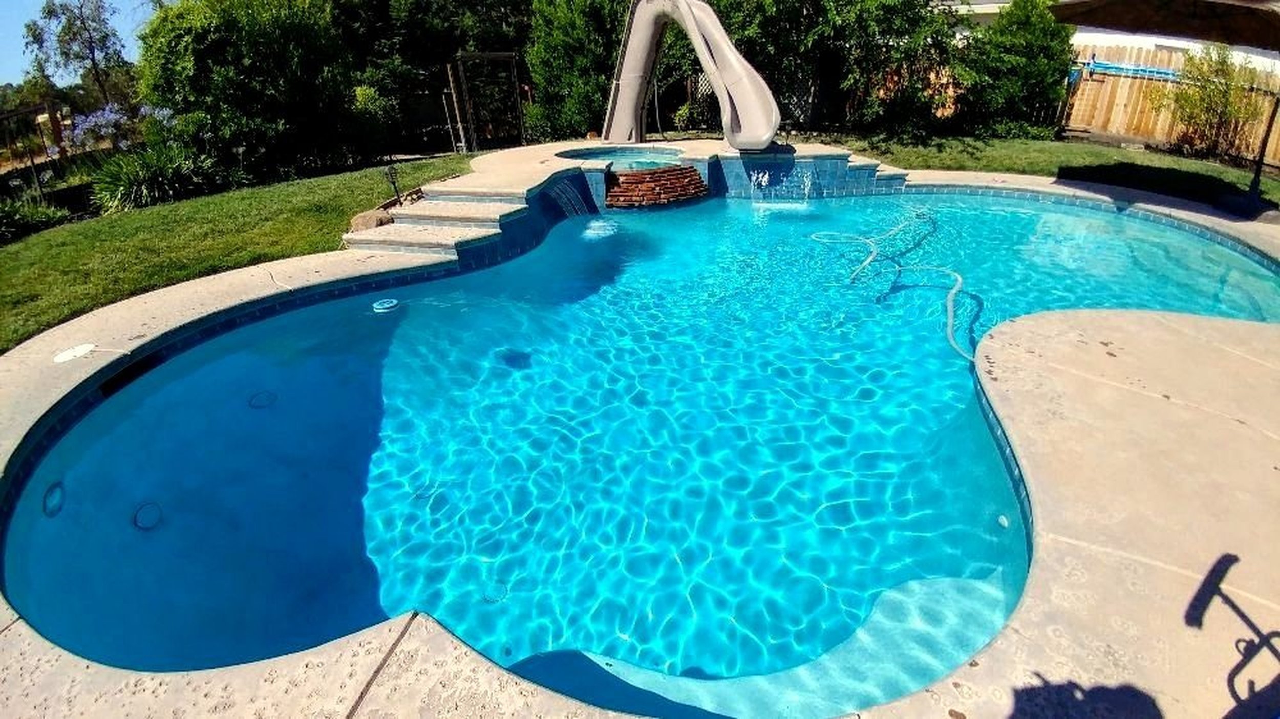 A backyard swimming pool with a waterslide, surrounded by a concrete deck and grassy area, with trees and a fence in the background.