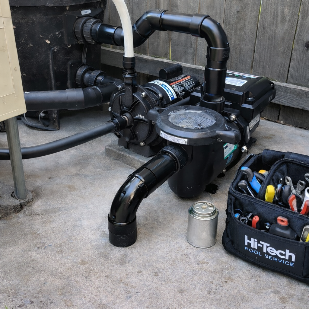 Pool pump system with black pipes on concrete surface, an open tool bag with tools, and a small metal canister, set against a wooden fence.