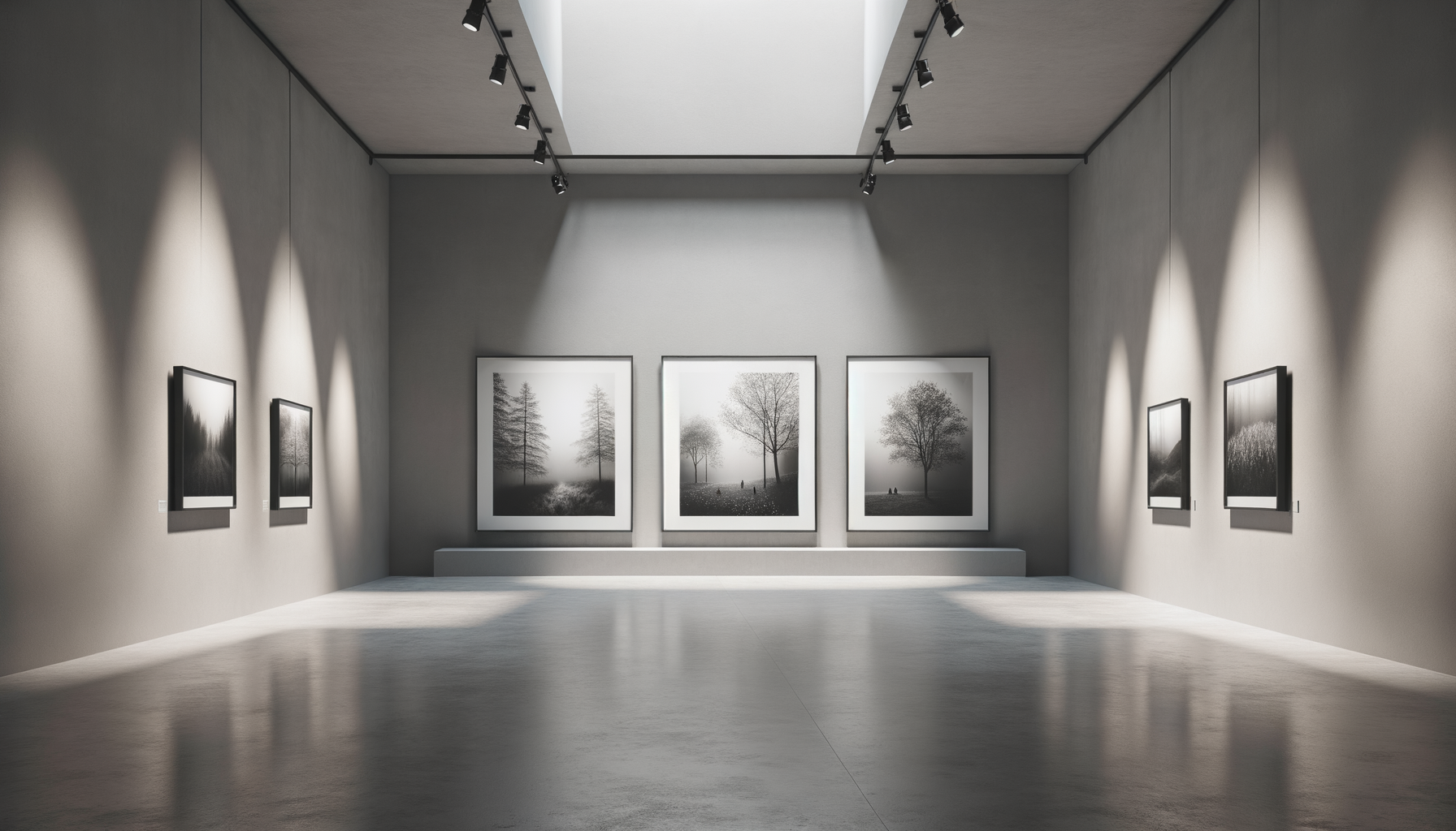 An art gallery with black and white landscape photographs of trees on the walls, with spotlights illuminating each piece.