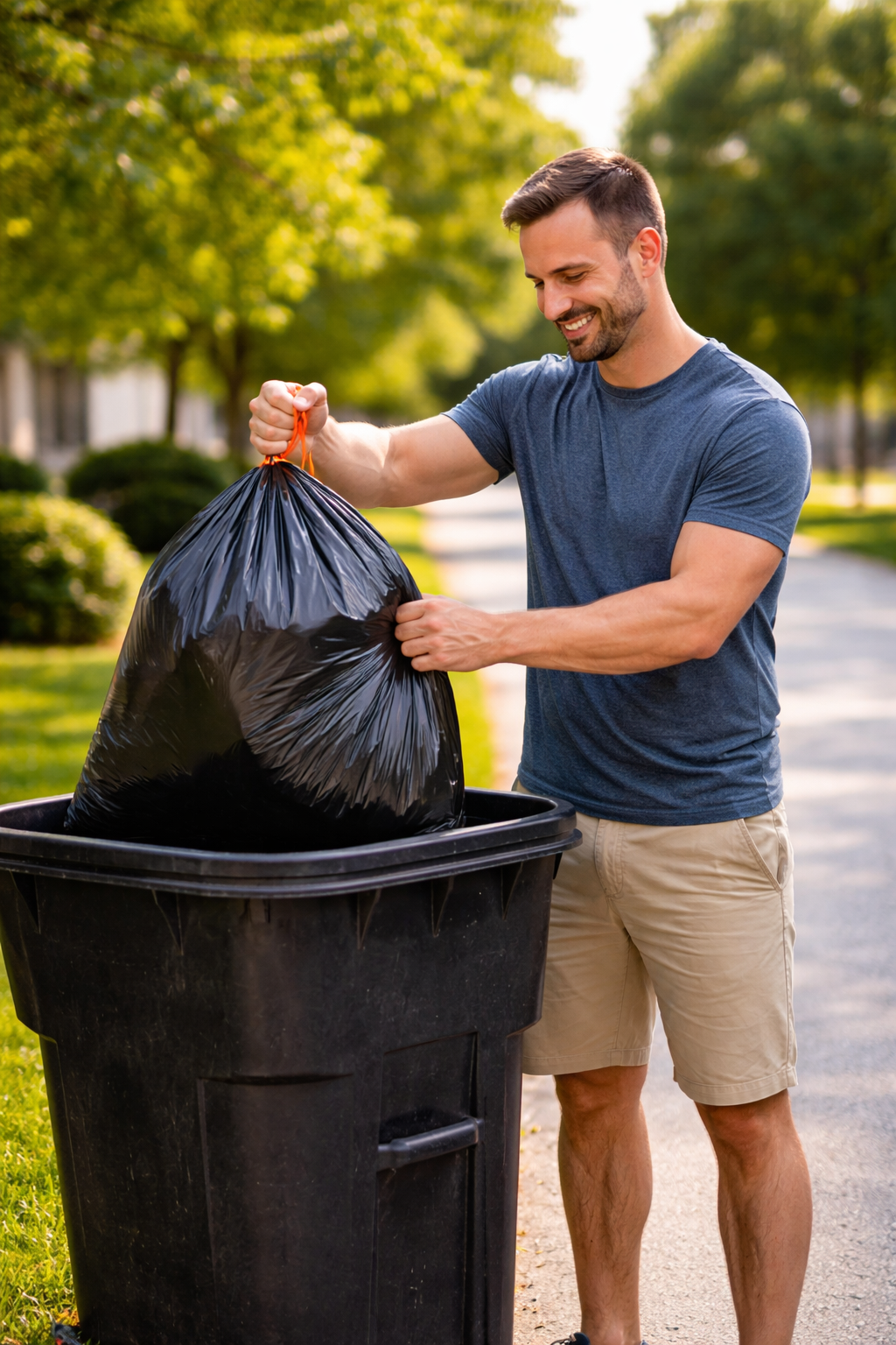 Man putting a black trash bag into a trash can outdoors on a sunny day with trees and a sidewalk in the background.