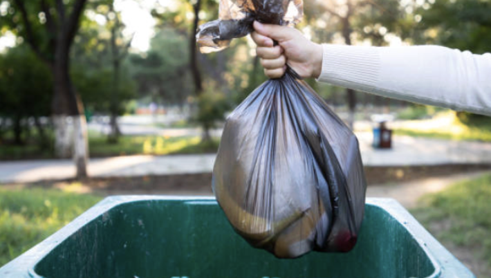 Person holding a tied black plastic trash bag over a green trash bin in a park.