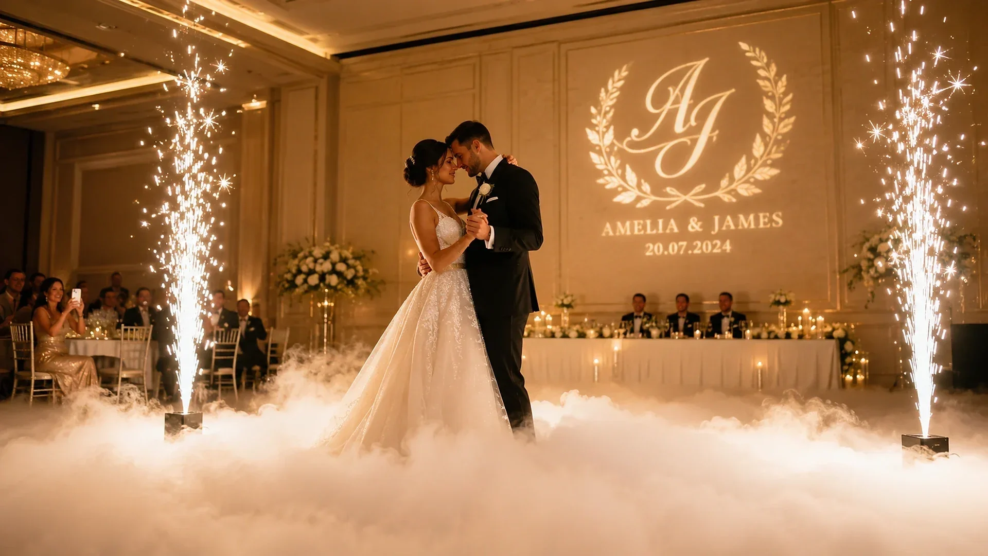 Wedding enhancements including Dancing on a Cloud, indoor cold sparklers and personalised monogram projection for premium wedding receptions.