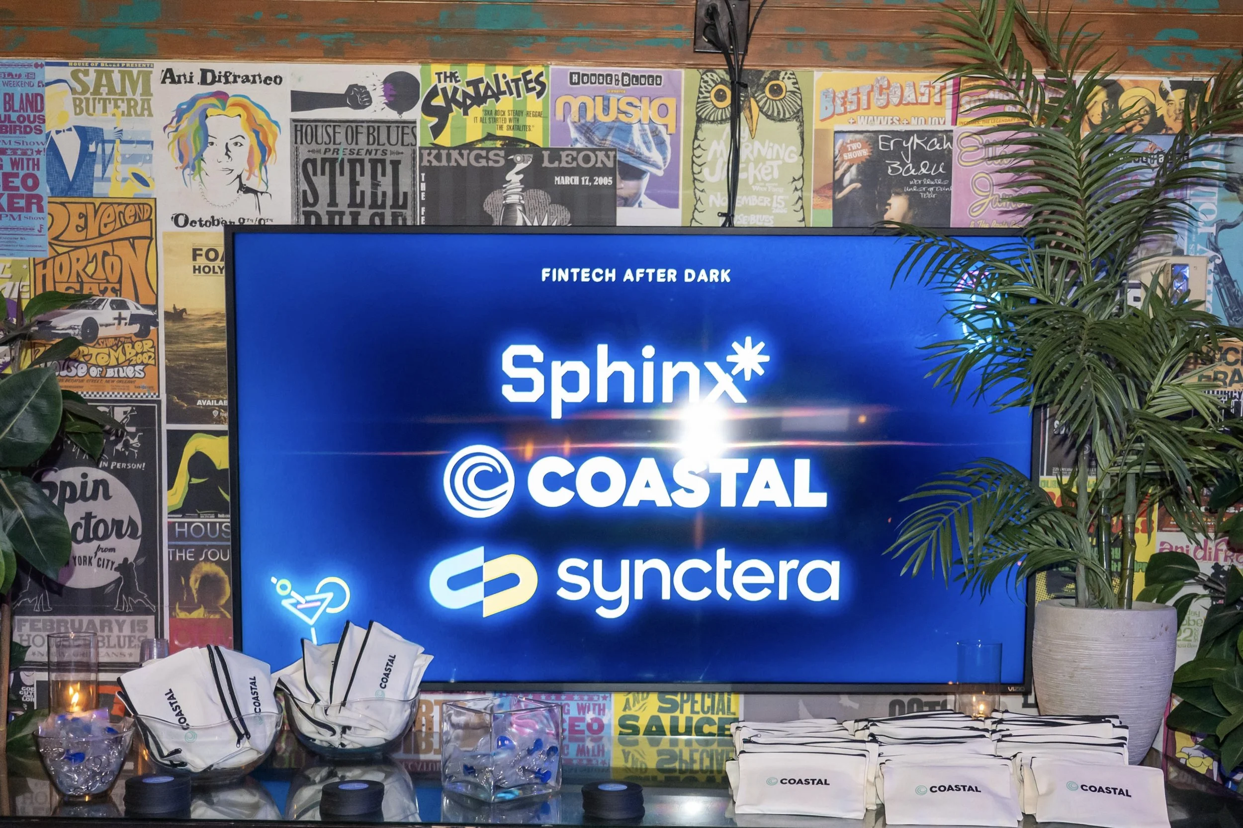 TV display screen and swag at Fintech After Dark!