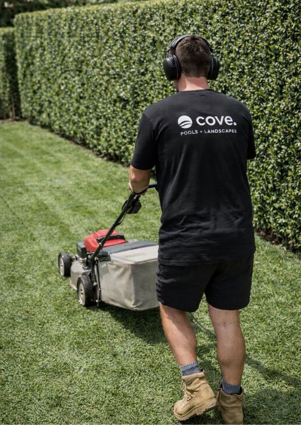 A person wearing a black t-shirt, black shorts, and tan boots uses a lawn mower to trim a green lawn, standing with their back to the camera near a tall, dense hedge.