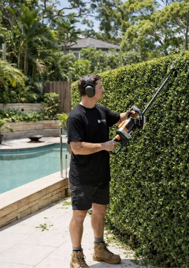 Man trimming a tall hedge with a gas-powered hedge trimmer in a backyard with a swimming pool, surrounded by greenery.