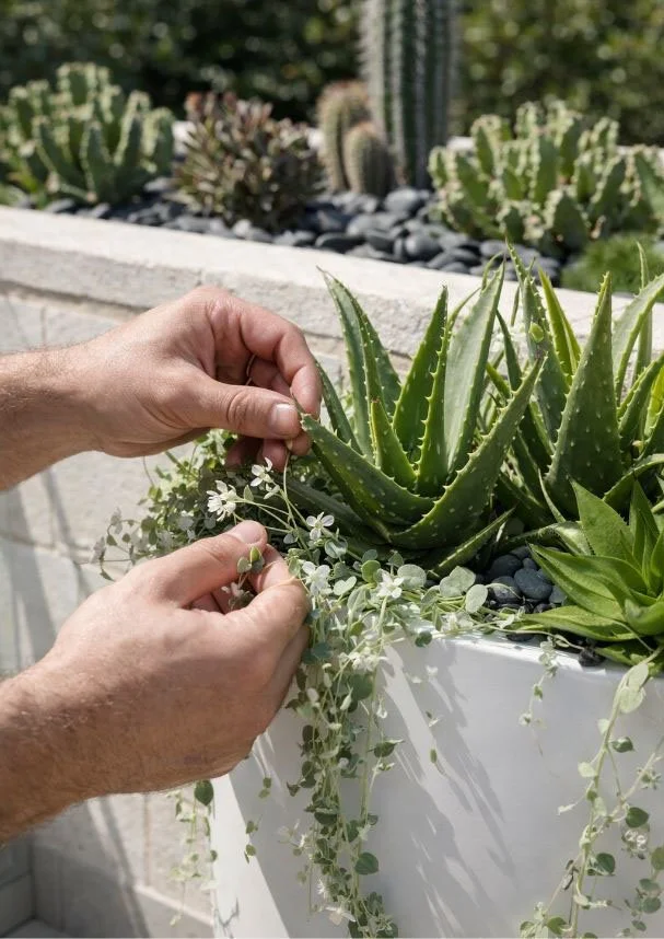 Hands tending to a variety of succulents and trailing plants in a white rectangular planter outdoors, with a background of cacti and desert foliage.