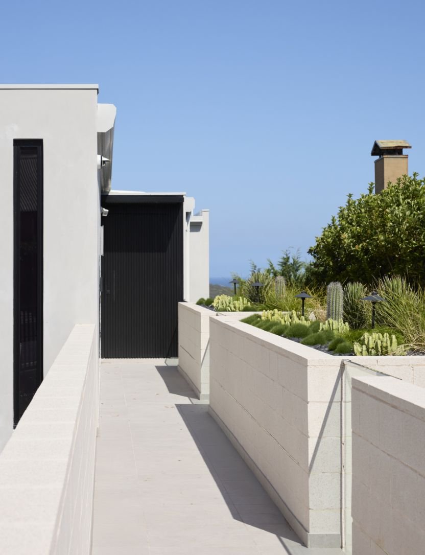 Modern building exterior with a white walkway, black door, and a garden with succulents and cacti, clear blue sky in the background.