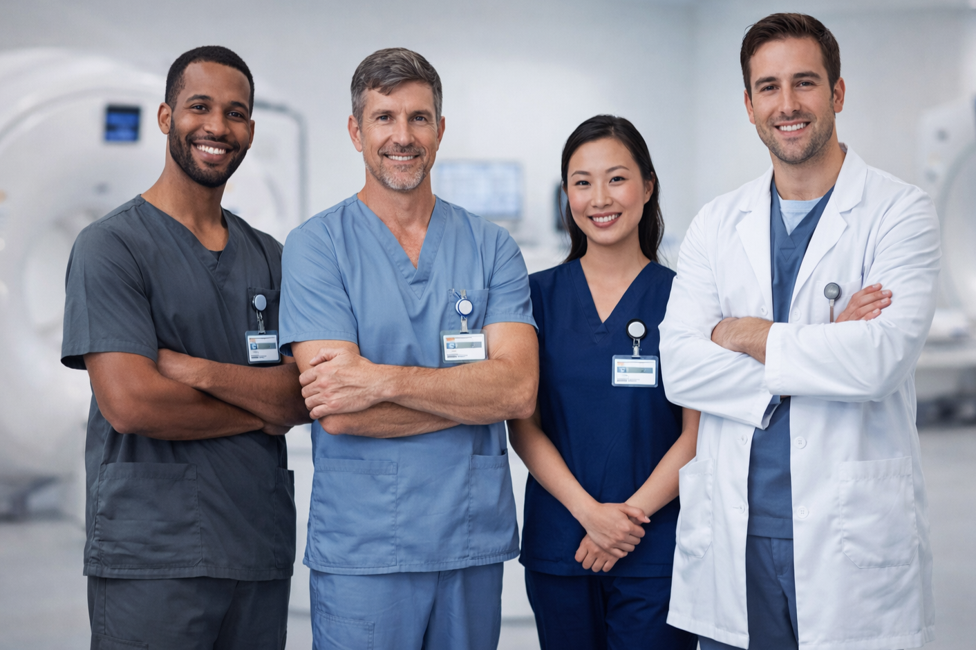 Group of four diverse healthcare professionals standing together in a medical setting, smiling, wearing scrubs and lab coats.