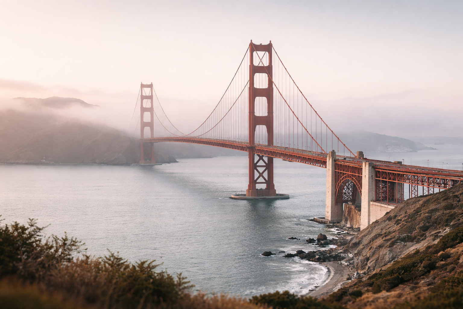 The Golden Gate Bridge in San Francisco, CA, viewed from a hillside, with foggy weather and calm water below.