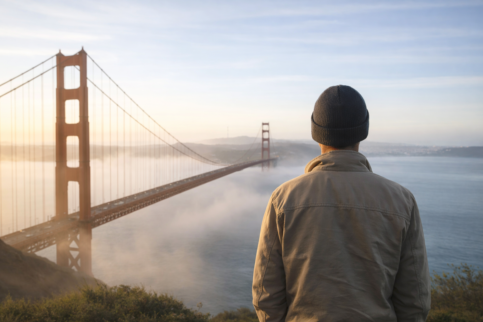 A person wearing a black beanie and tan jacket looking at the Golden Gate Bridge over a foggy bay during sunrise or sunset.