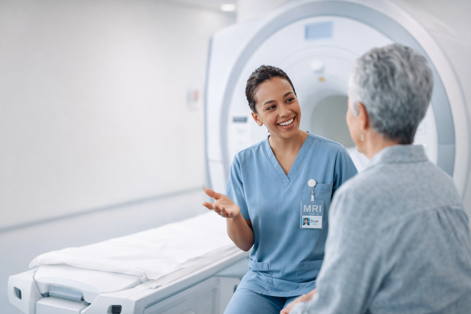A young female medical professional wearing blue scrubs and an MRI badge talks to an elderly woman with gray hair in a hospital MRI room.