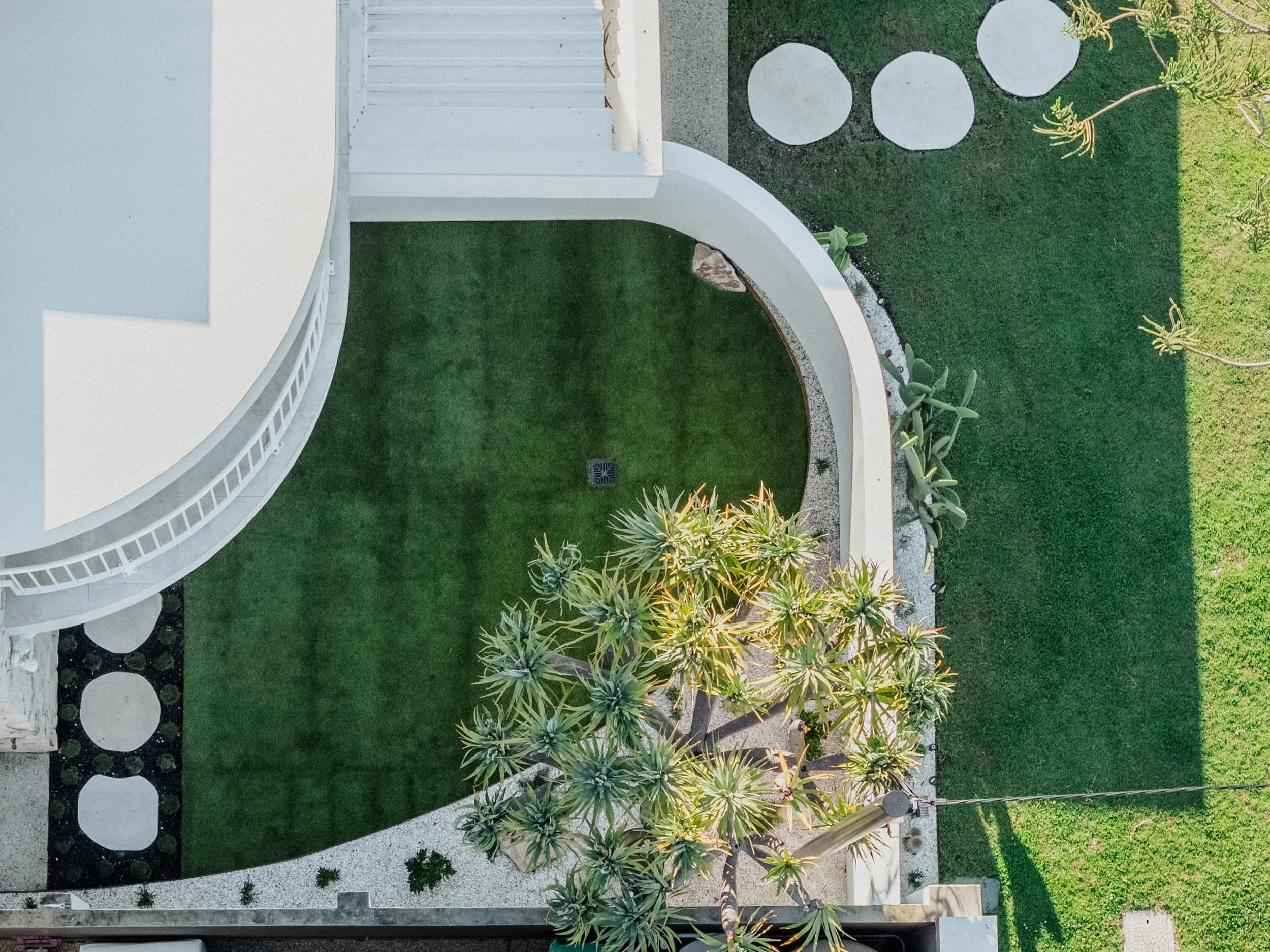 Aerial view of a backyard with a curved white building wall, a manicured green lawn, a small garden with a tree and succulent plants, and stepping stones on the grass.