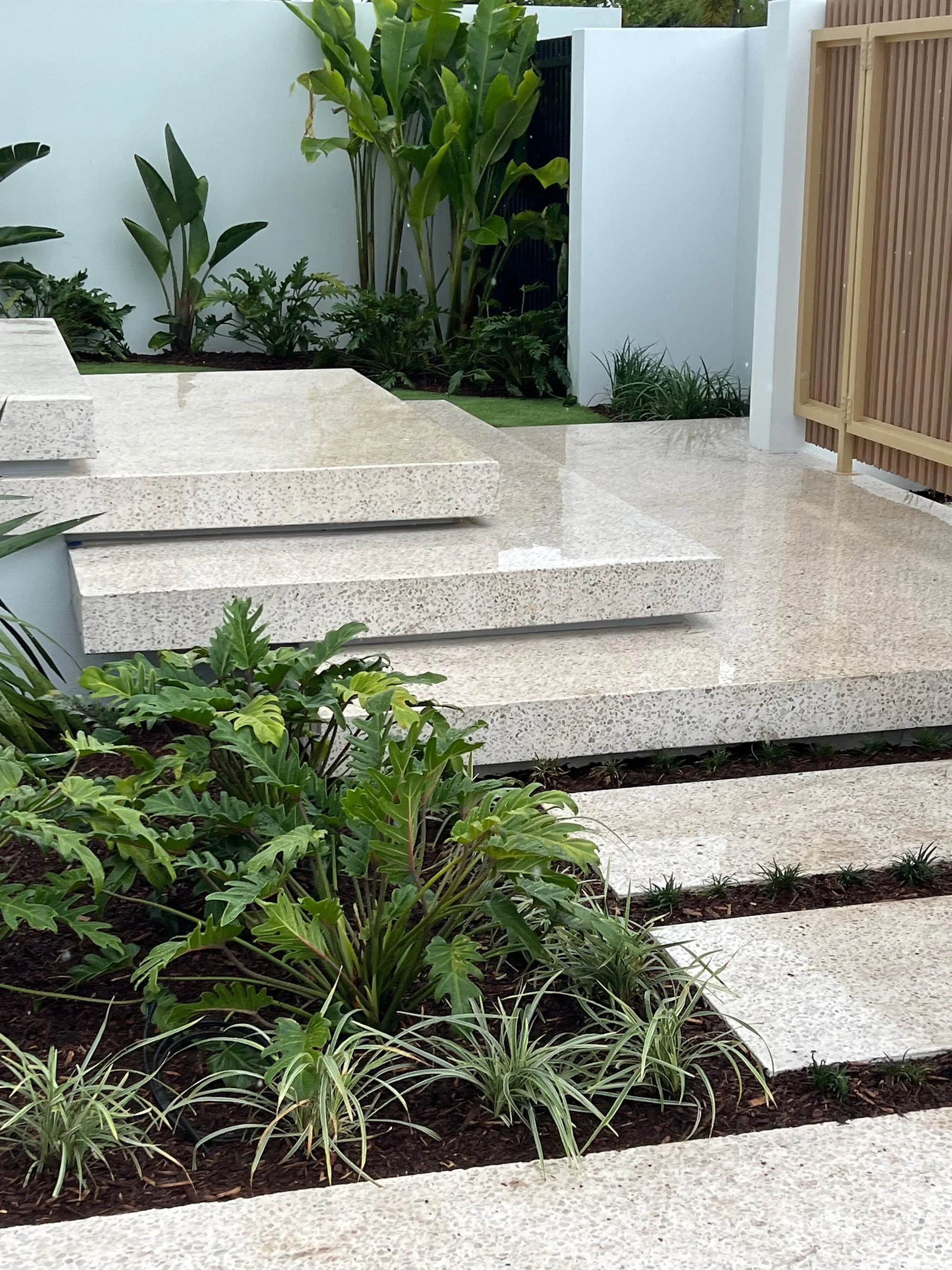 Modern outdoor patio with terrazzo steps, garden beds with various green plants, a white wall, and a wooden fence.