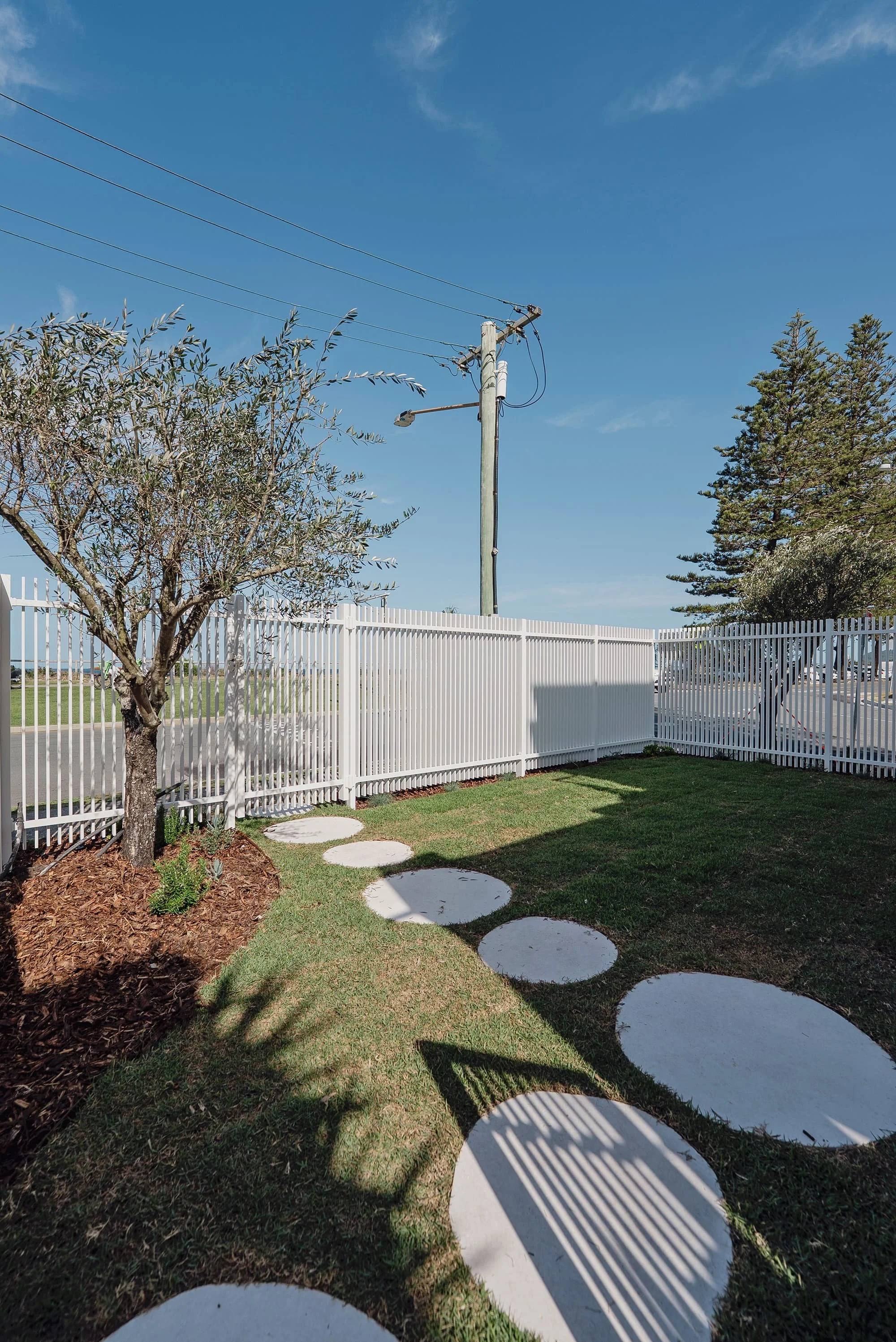 A backyard with a white fence, a small tree, circular stepping stones on grass under a blue sky.