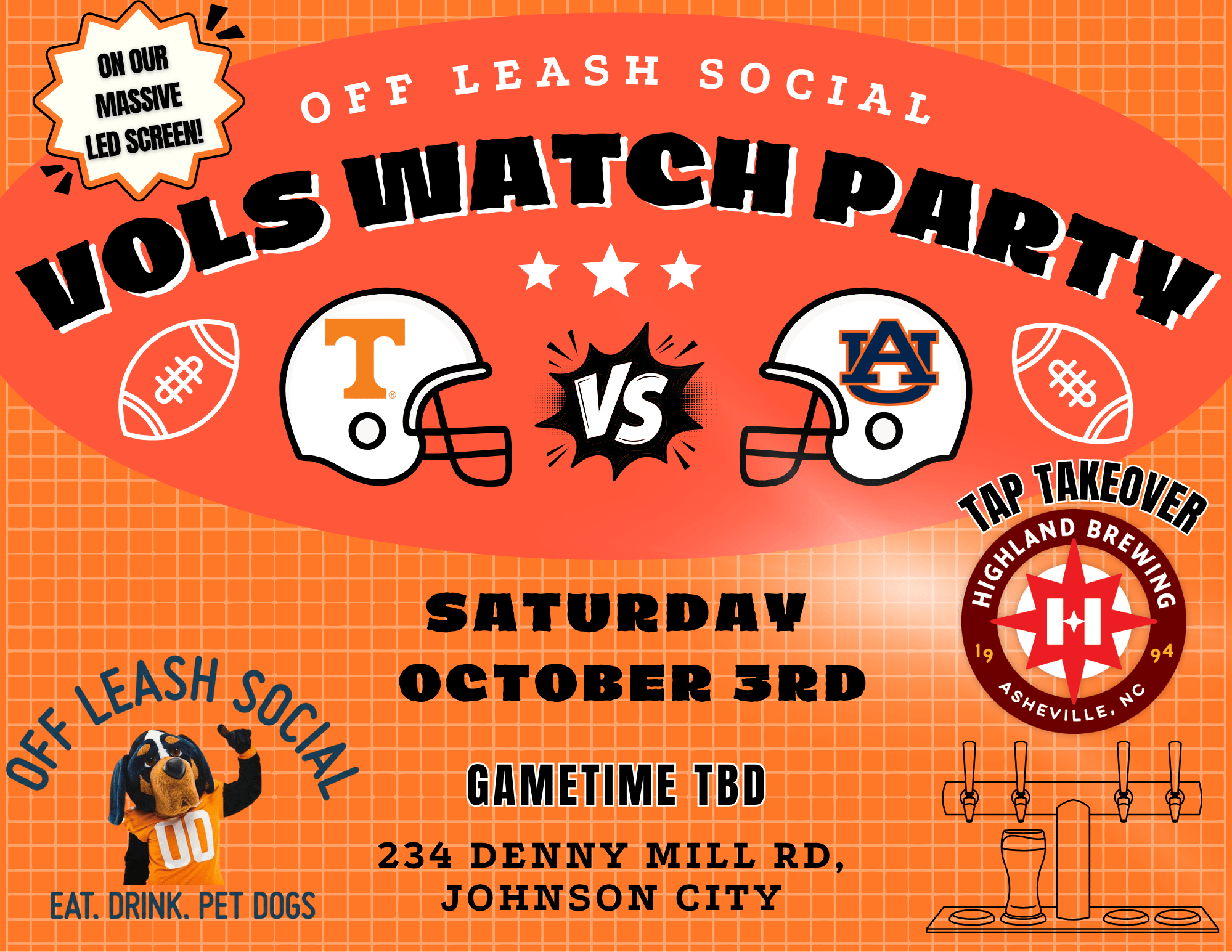 Gameday watch party on huge outdoor screen while enjoying great food, over 50 beers, and a special tap takeover by Highland Brewing