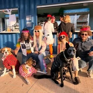 Group of five people and three dogs sitting outdoors in front of a blue building.