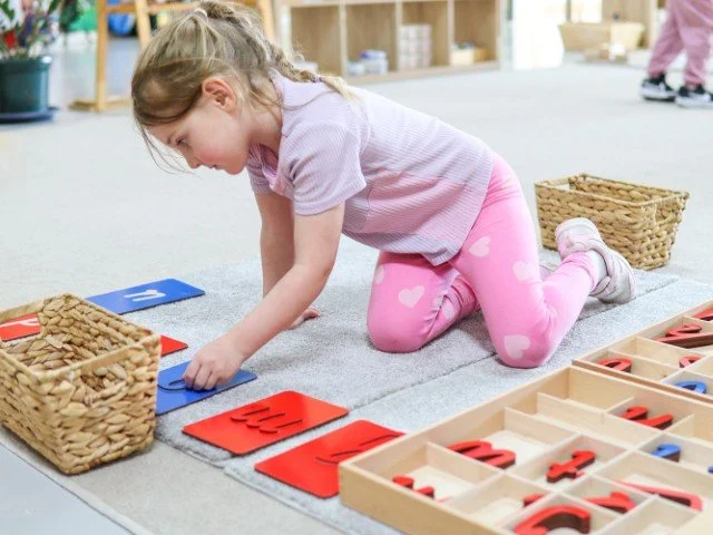 A young girl in Pre-Primary working on the Montessori Letter Cards