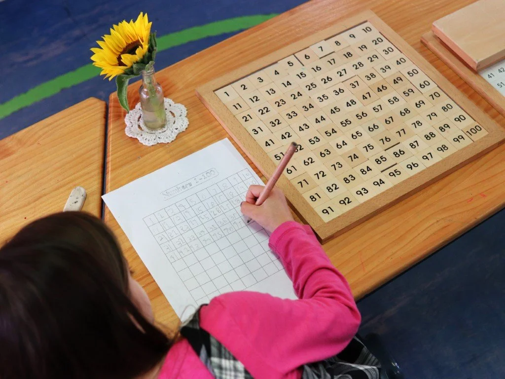 A pre-primary student is working on a Montessori Math task