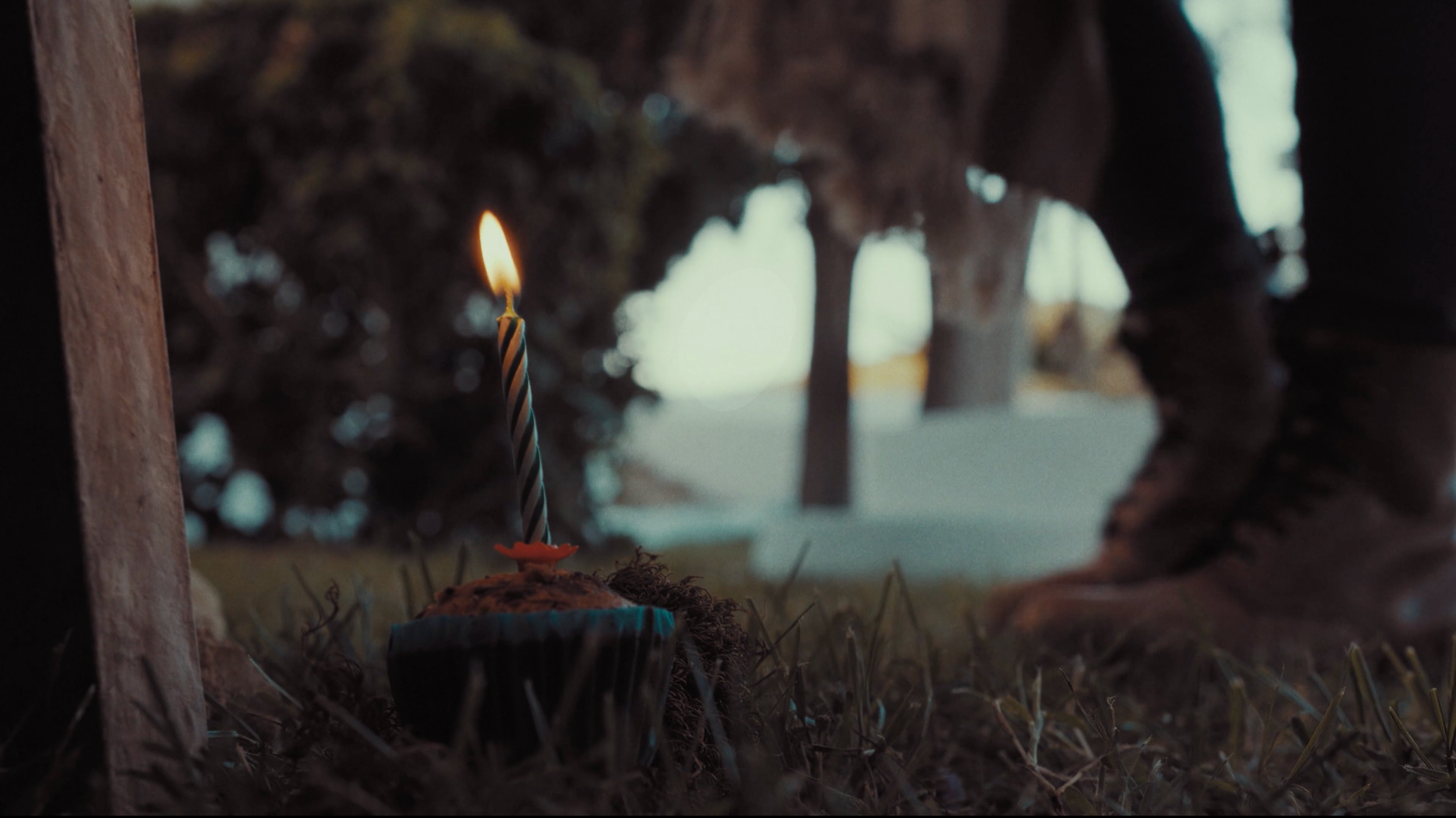 Vista de un pastel con una vela encendida en primer plano y una persona de pie al fondo, al aire libre, en un entorno natural con arbustos y árboles.
