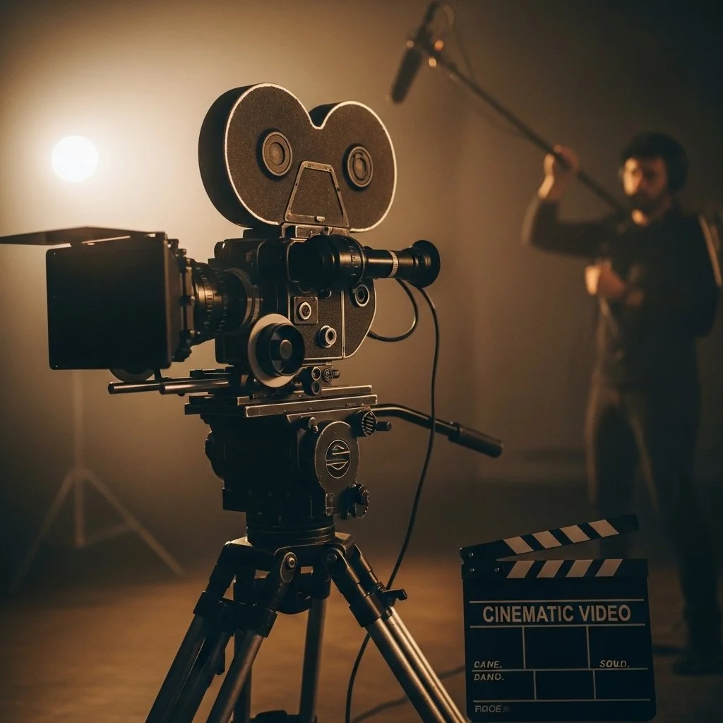 A vintage film camera on a tripod in a film studio, with a person holding a boom microphone in the background, and a clapboard labeled "CINEMATIC VIDEO" in the foreground.