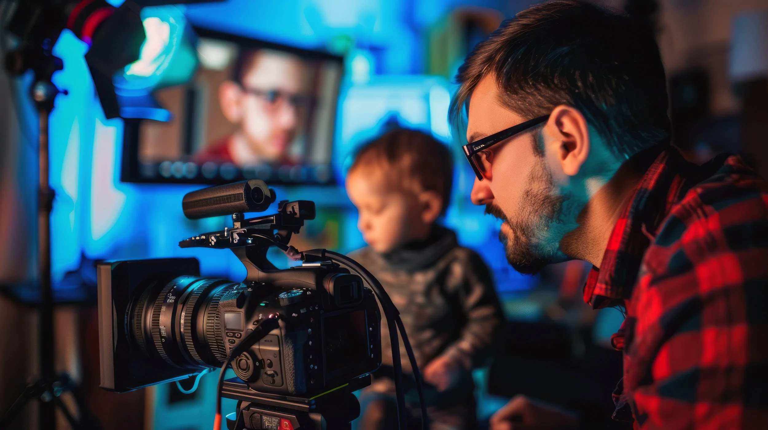 A man and a young boy are filming with a camera in a dimly lit room with colorful lighting, including a large monitor in the background displaying an image of a man with glasses.