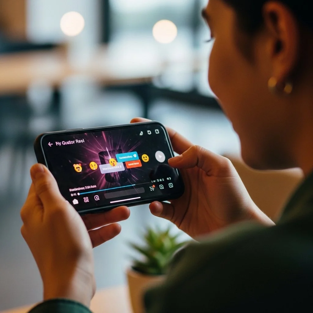 Person holding a smartphone with a social media app open, editing a video with various emoji reactions on the screen, in a well-lit indoor space.