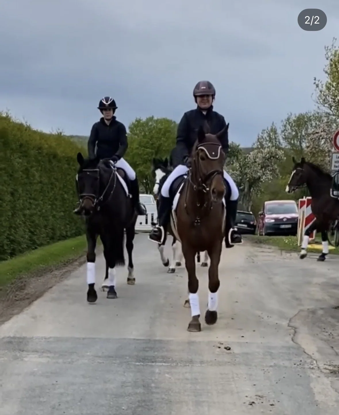 Zwei Reiter in Reitkleidung auf Pferden auf einer Straße, umgeben von Büschen und Bäumen, bei bewölktem Himmel.