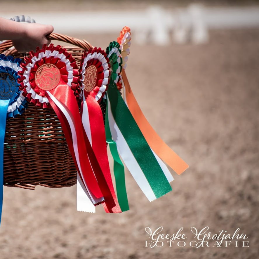 Ein Korb mit mehreren gewundenen, bunten Pokalen und Schleifen in Rot, Weiß, Grün, Blau und Orange. Der Hintergrund ist unscharf und zeigt eine offene Fläche. Die rechte untere Ecke enthält eine Wasserzeichentext mit dem Namen des Fotografen.