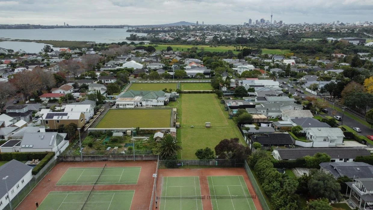 Aerial view of the Hallyburton Johnstone's property, showing the tennis, croquet and bowling clubs.
