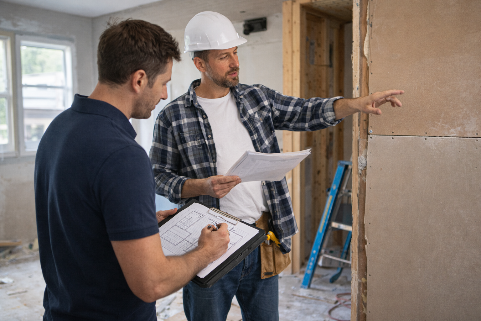 Project manager conducting site inspection during water damage restoration rebuild