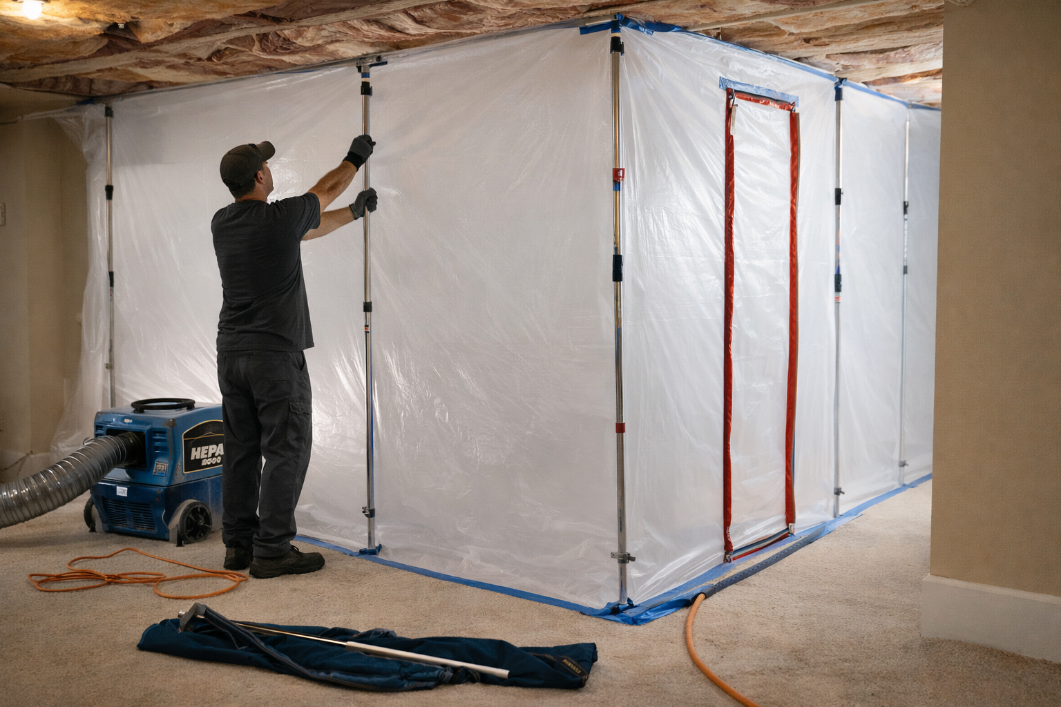 Water mitigation technician building containment for insurance restoration water loss.