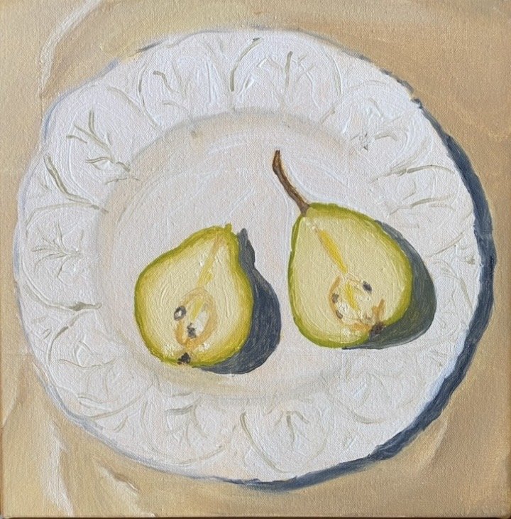 SOLD Pears on Wedgwood 33 x 33cm
