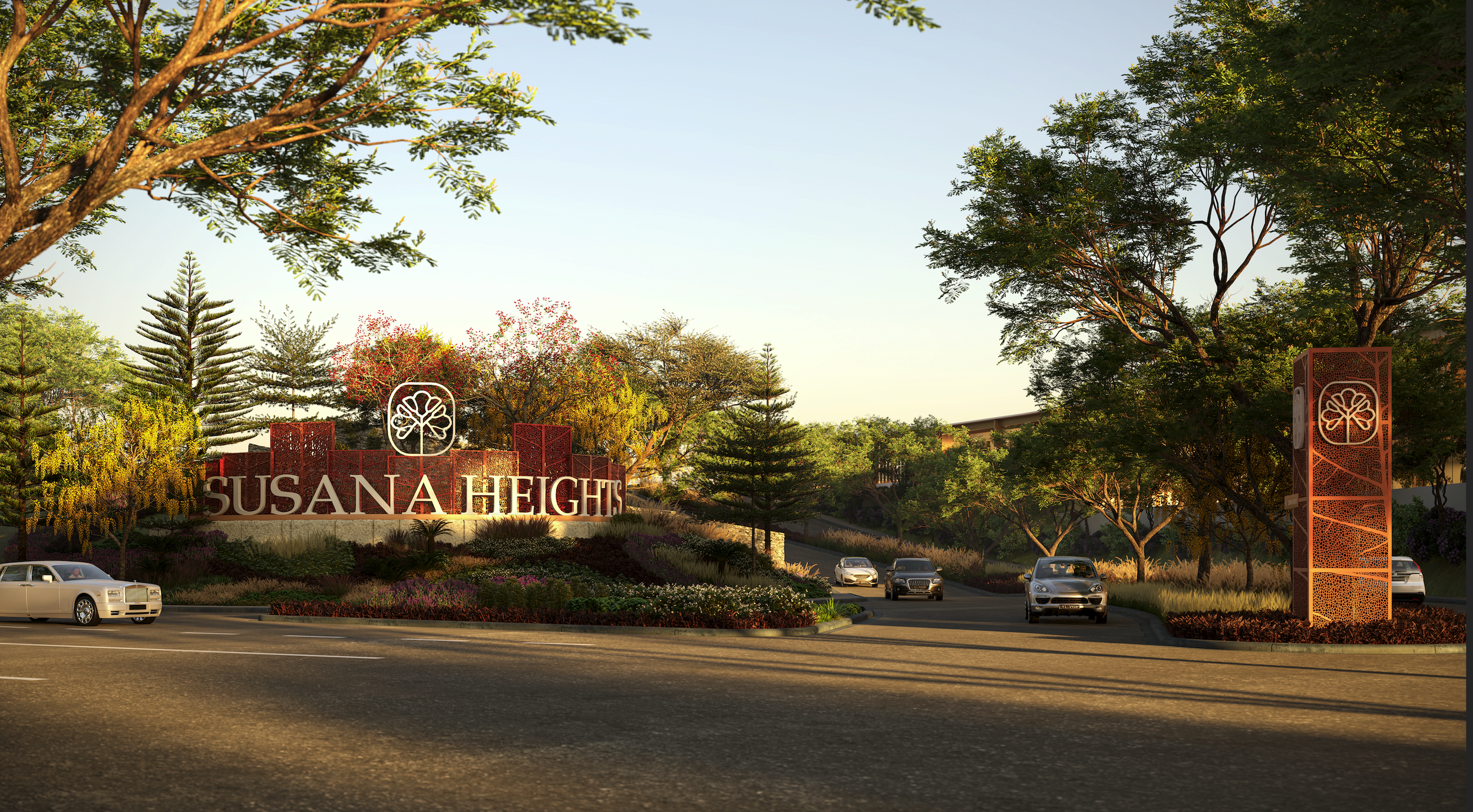 Entrance sign and facade for Susana Heights village with landscaped greenery and cars on a road in a suburban area as an artist perspective.