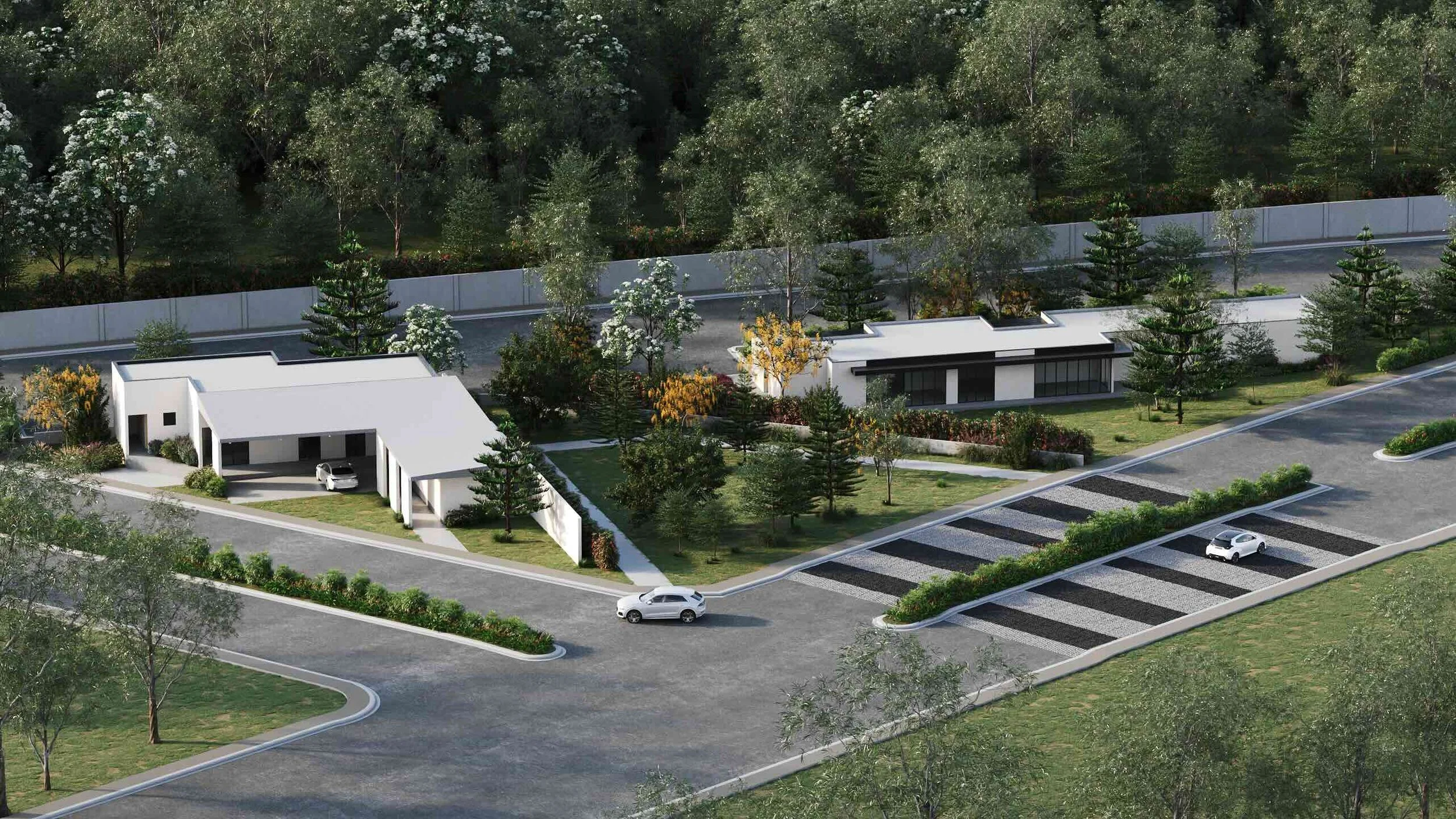 An artist perspective of one of Susana Heights amenities: A modern office, surrounded by green trees and landscaped gardens. There are designated parking spaces and a driveway with cars parked and driving.