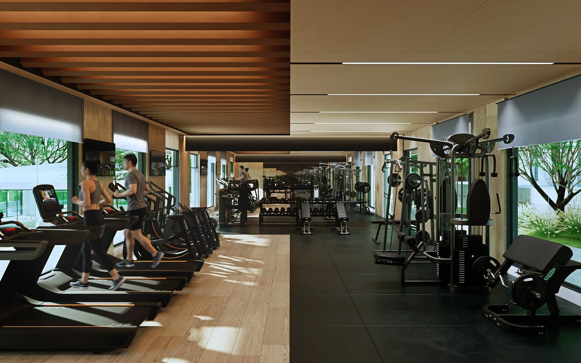 An artist perspective of one of Susana Heights amenities: a Modern gym interior featuring treadmills with people exercising, free weights, weight machines, and cardio equipment, with large windows and natural light.