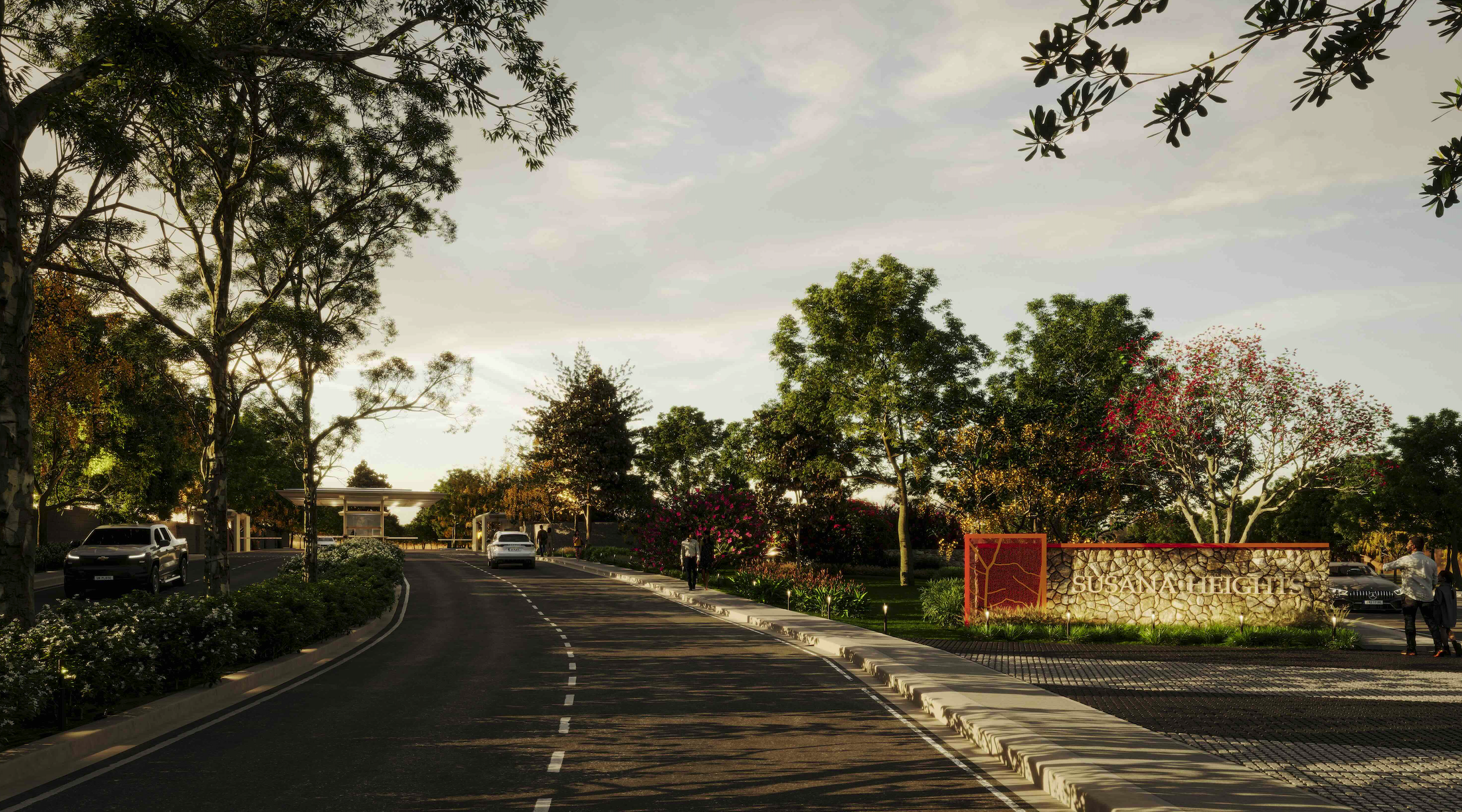 Another artist depiction of Susan Heights landscaping and treelined spineroad, car parking, trees, and a stone wall sign. Depicting the peaceful nature of the village.